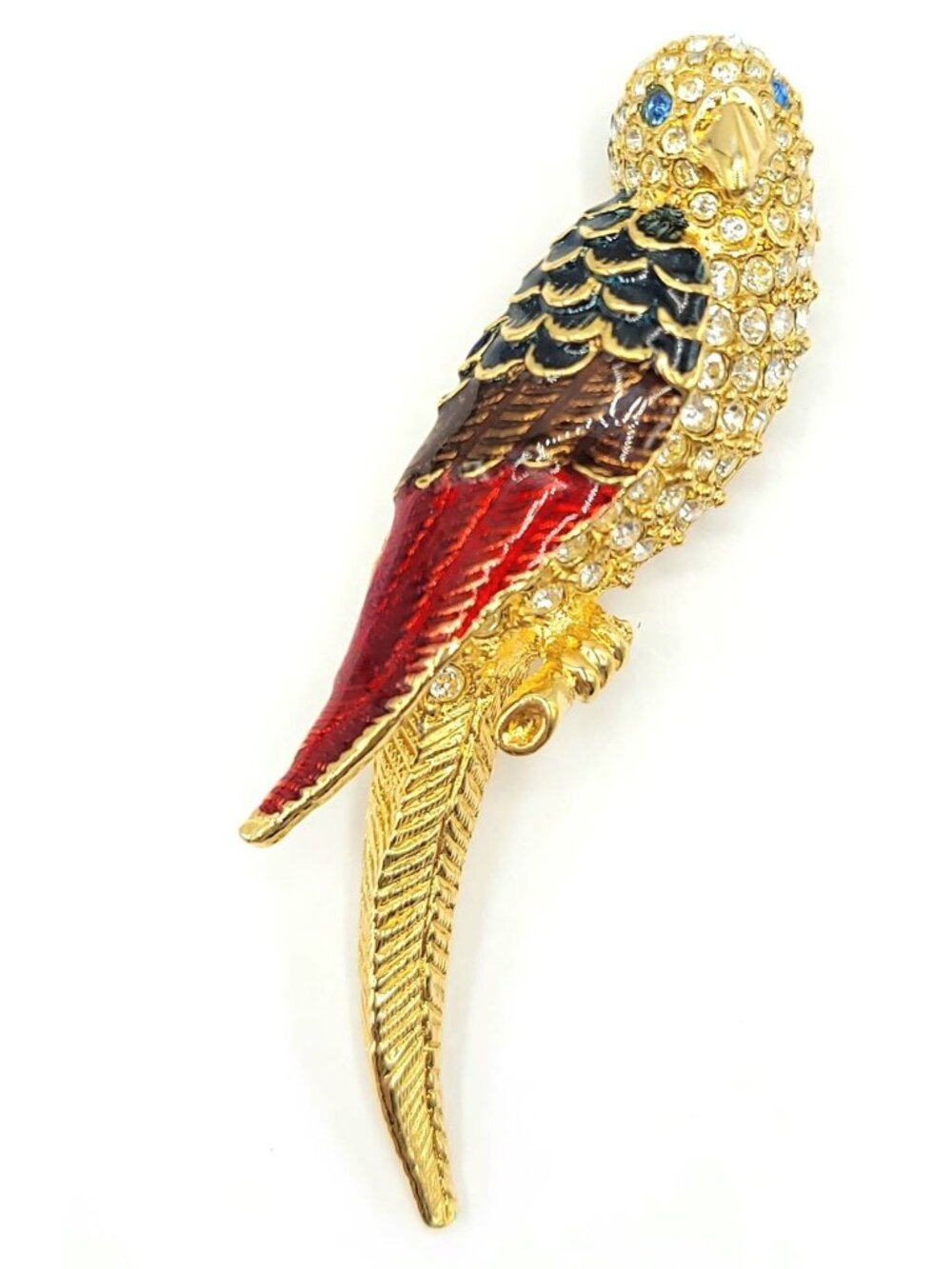 Giorgio Gold Tone Red Enamel Clear Rhinestone Parrot Bird Brooch Signed